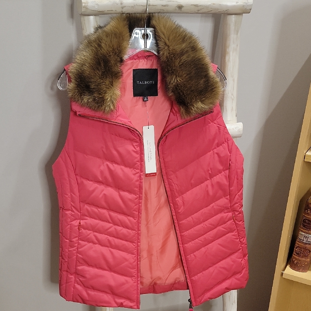 Talbots Vibrant Pink Vest with Detacheable Faux Fur Trim. New With Tags!